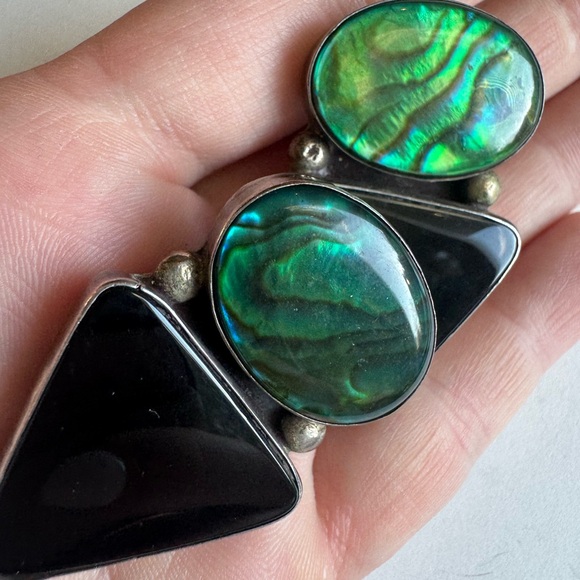 Elegant Sterling Silver Green Abalone and Black Onyx Clip Earrings 26.6g - Picture 11 of 15